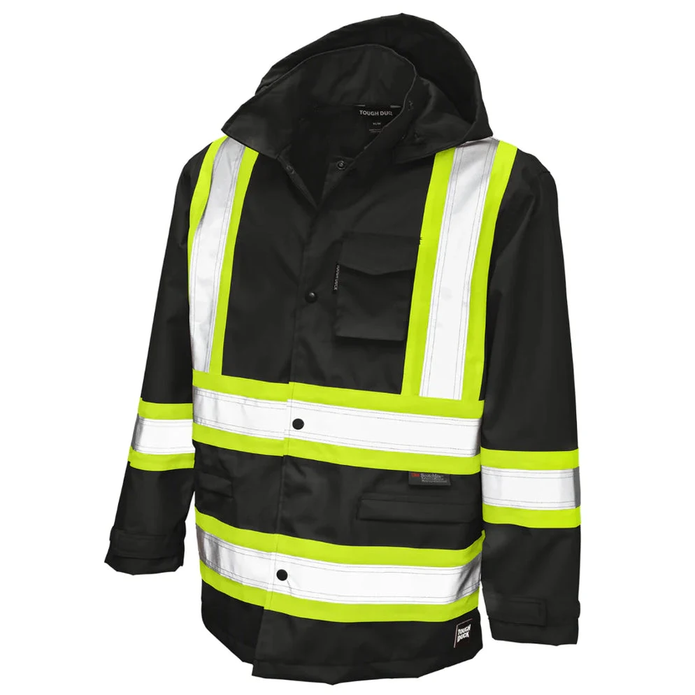 Black hi-vis reflective safety jacket with hood, sold at BK Outfitters